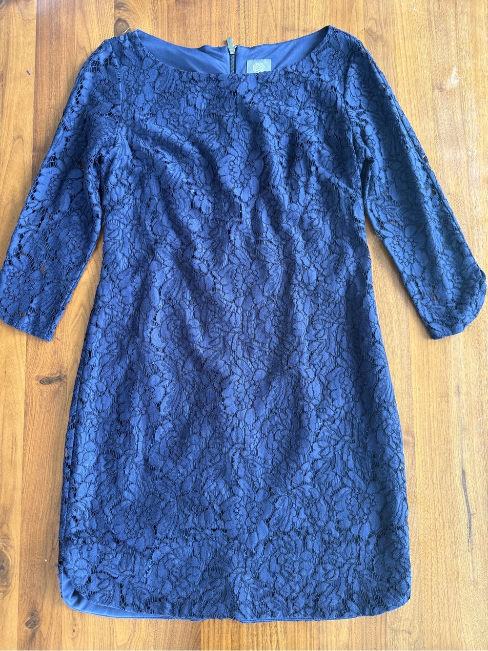 Vince Camuto Floral Lace Sheath Dress Women 6 Navy Blue 3/4 Sleeve Cocktail